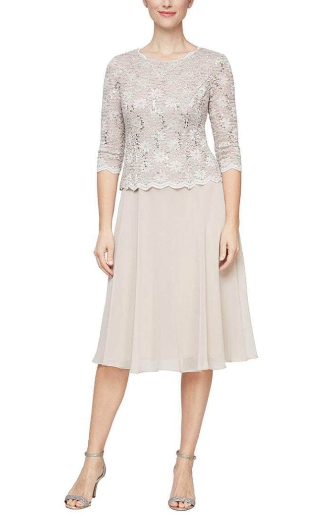 1121796 Scallop Lace Top Tea Length Chiffon Dress - Image 11