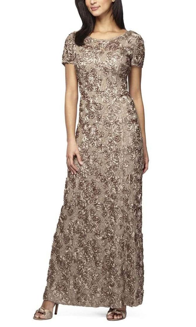 112788 Soutache Lace Sequin Short Sleeve A-Line Gown