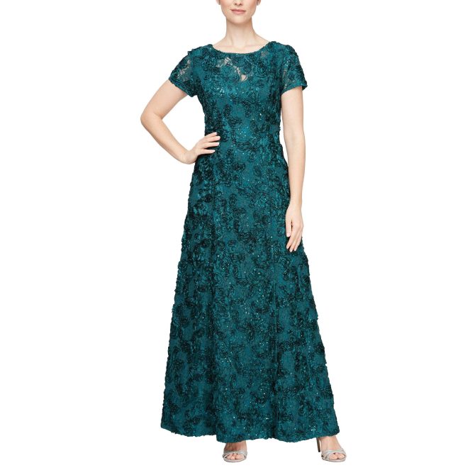 112788 Soutache Lace Sequin Short Sleeve A-Line Gown - Image 15