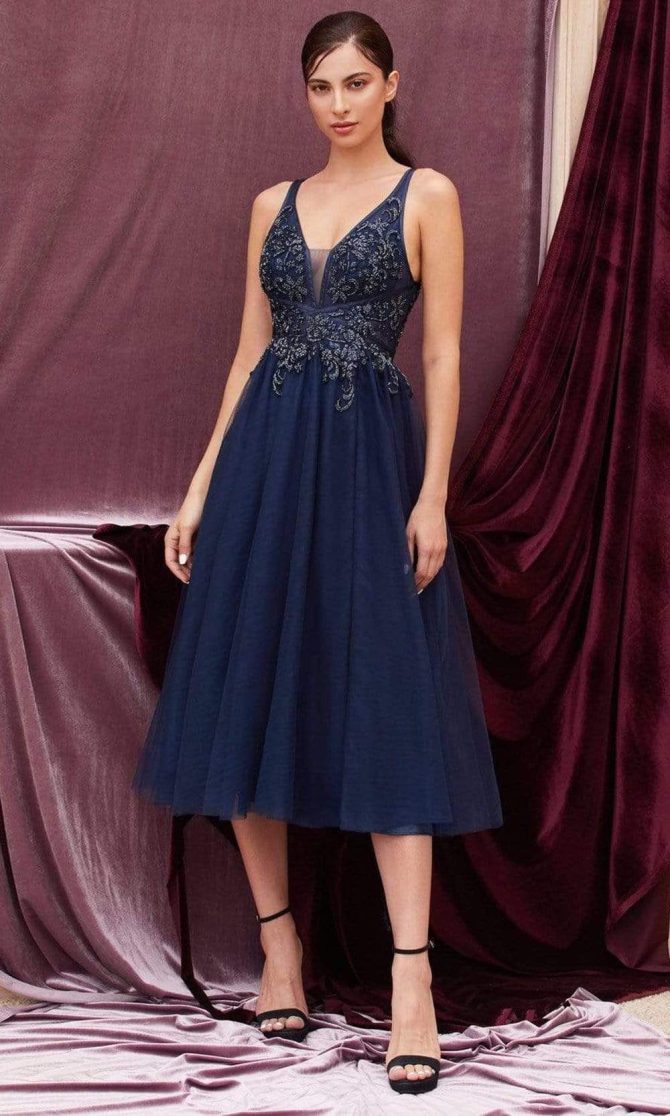 A0762S Beaded Plunging V Neck Tea Length Dress