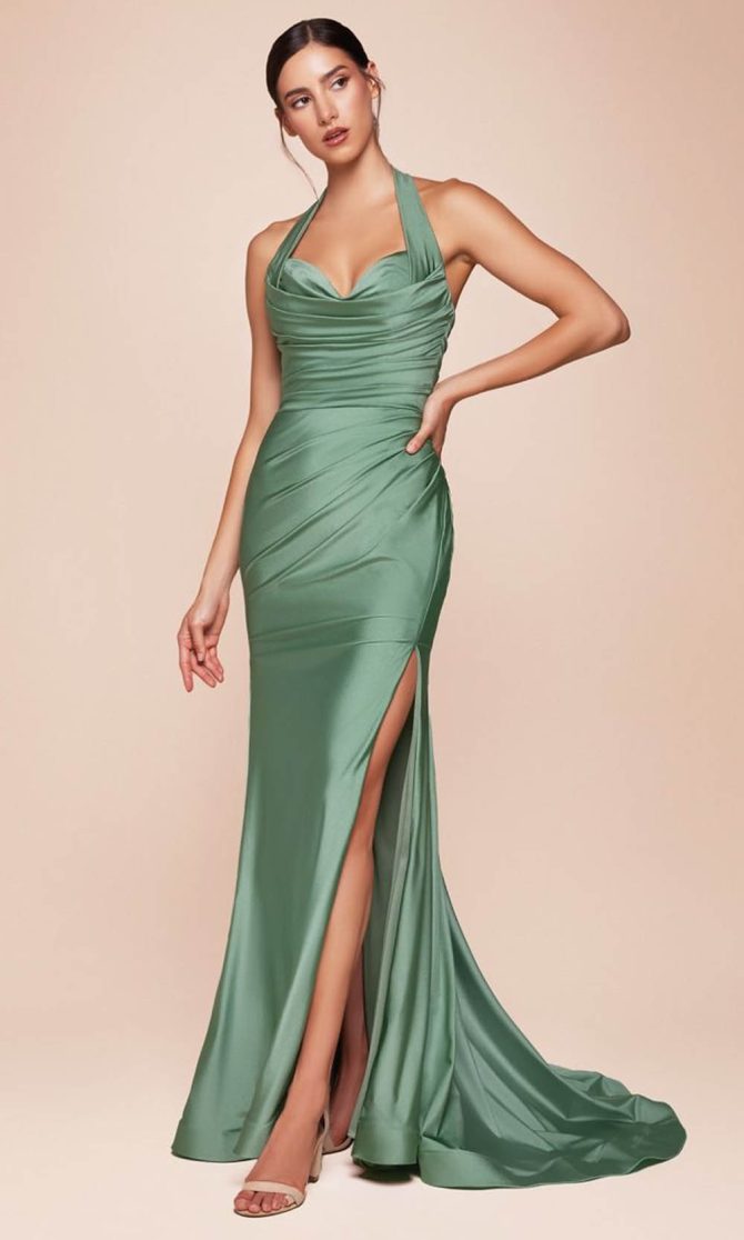 Halter Ruched Satin Prom Dress - Image 2