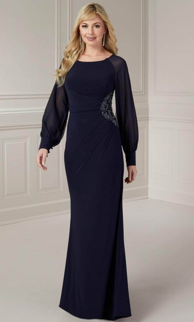 Sheer Sleeve Jersey Evening Gown