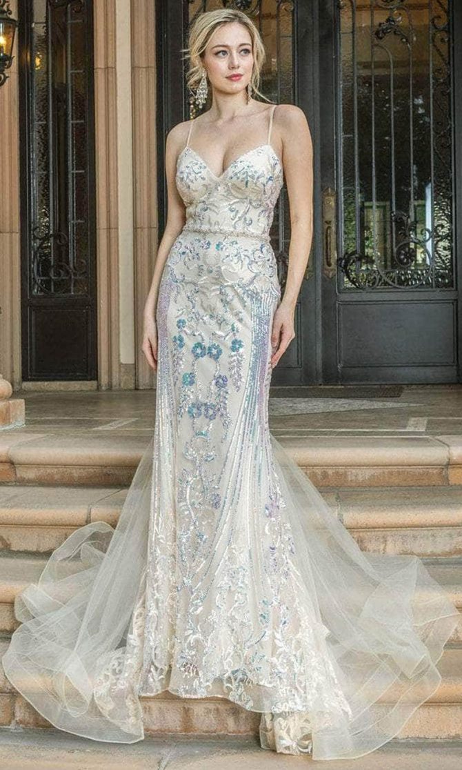 Embroidered Sleeveless Deep V-neckline Prom Dress