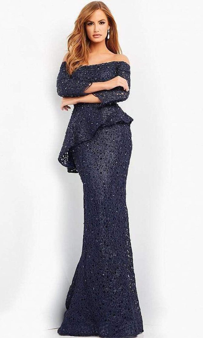 00455 Off Shoulder Textured Peplum Gown