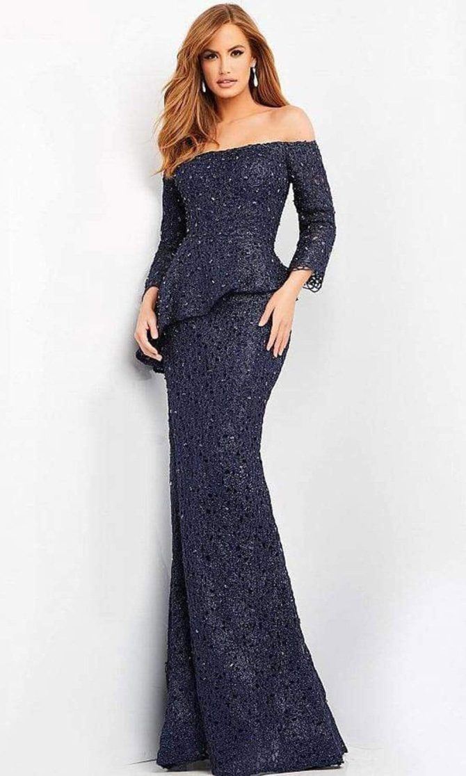 00455 Off Shoulder Textured Peplum Gown - Image 2