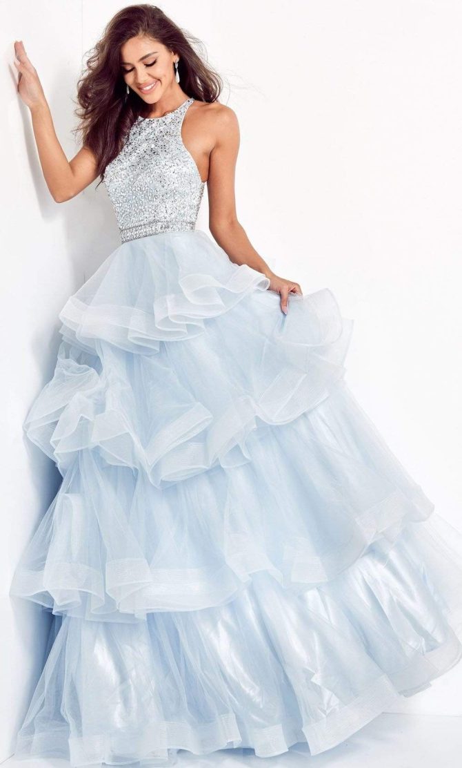 00461 Embellished Halter Tiered A-line Dress