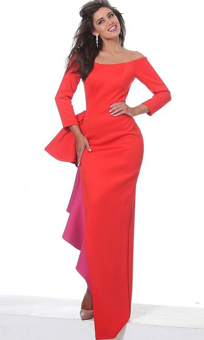 00574 Long Two-Toned Ruffle Ornate High Slit Dress