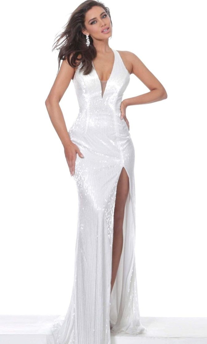 00694 Plunging Neck High Slit Fully Beaded Evening Gown - Image 5