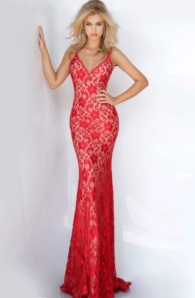 00782 Backless V Neck Allover Lace Fitted Long Dress