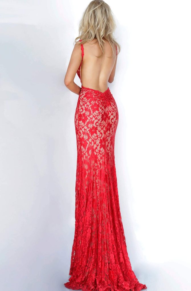 00782 Backless V Neck Allover Lace Fitted Long Dress - Image 2