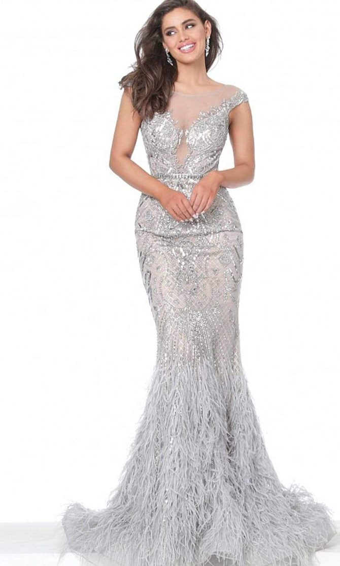 00880 Metallic Ornate Feather-Fringed Flare Gown