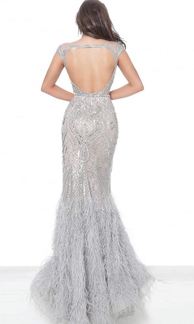 00880 Metallic Ornate Feather-Fringed Flare Gown - Image 2