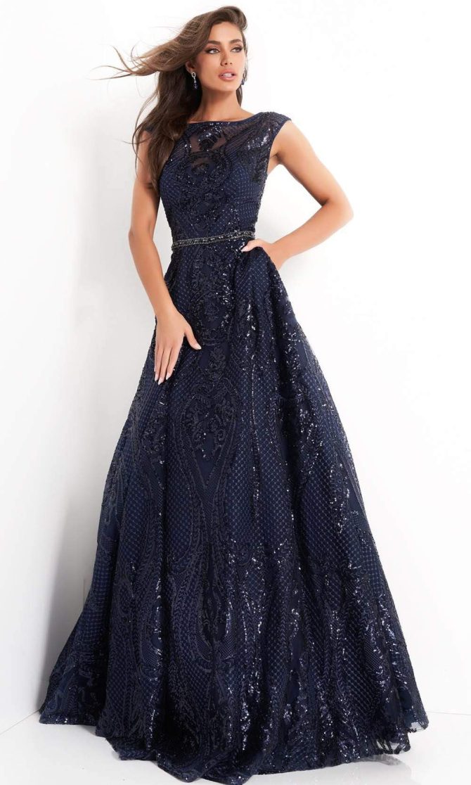 02514 Cap Sleeve Sequin Embroidered A-Line Gown