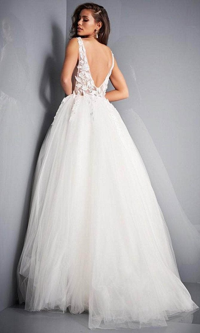 02840 Plunging Neck Floral Applique Tulle Ballgown - Image 2