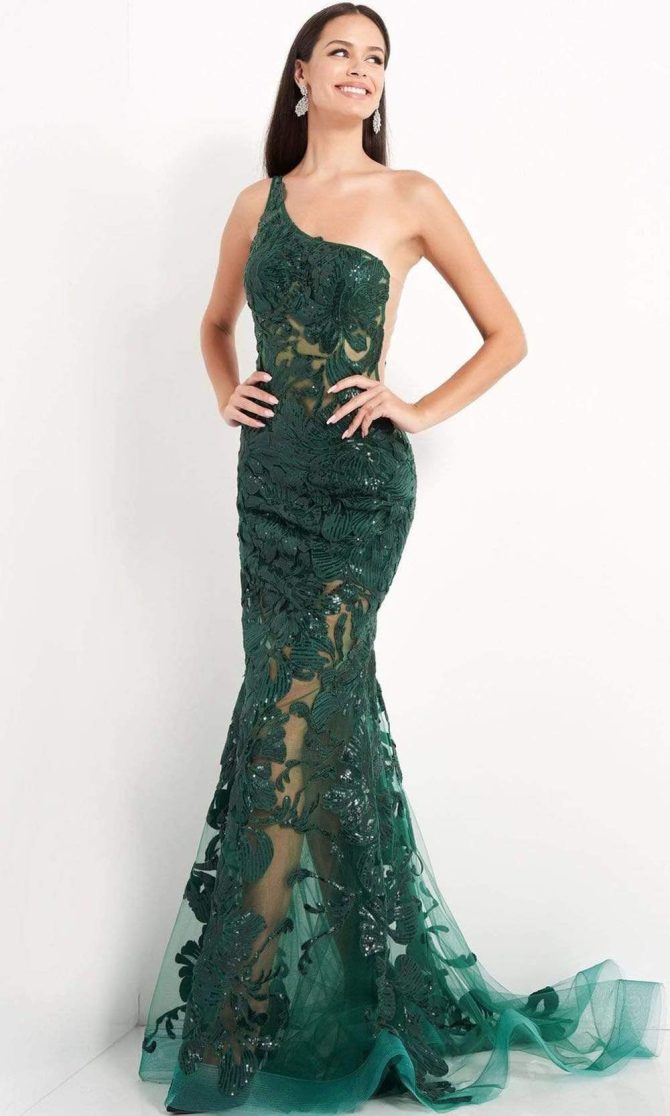 02895 One Shoulder Illusion Simple Prom Mermaid Gown