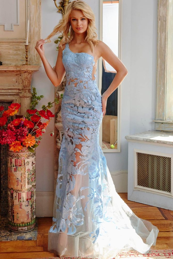 02895 One Shoulder Illusion Simple Prom Mermaid Gown - Image 7