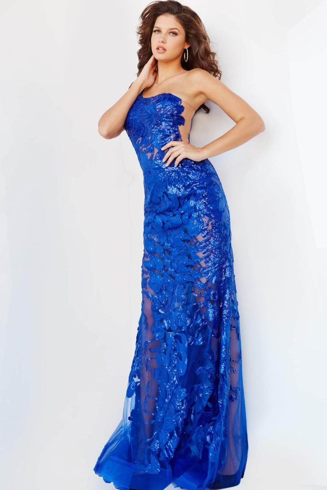 02895 One Shoulder Illusion Simple Prom Mermaid Gown - Image 9