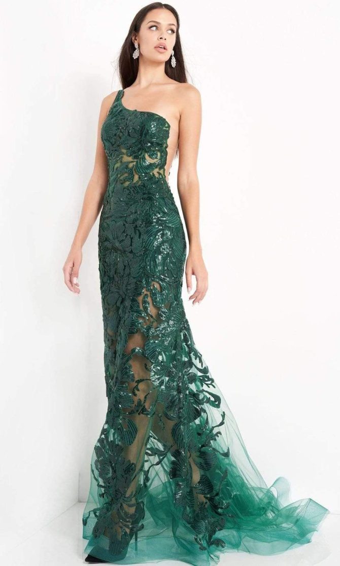 02895 One Shoulder Illusion Simple Prom Mermaid Gown - Image 3