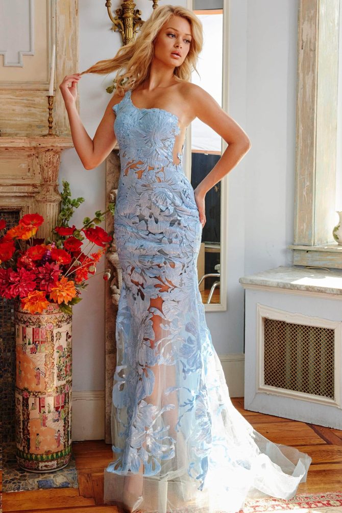 02895 One Shoulder Illusion Simple Prom Mermaid Gown - Image 6