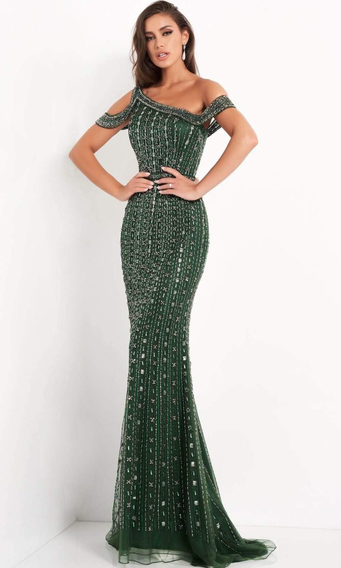 03124 Beaded Cold Shoulder Sheath Gown