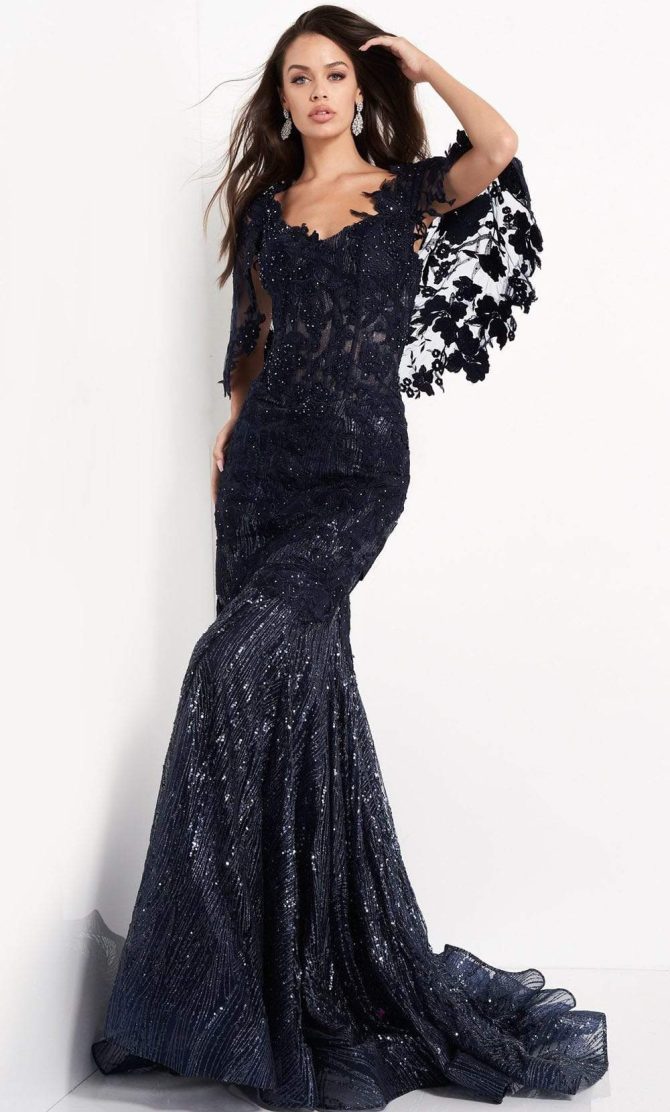 03158 Embroidered V Neck Trumpet Dress With Train - Image 3