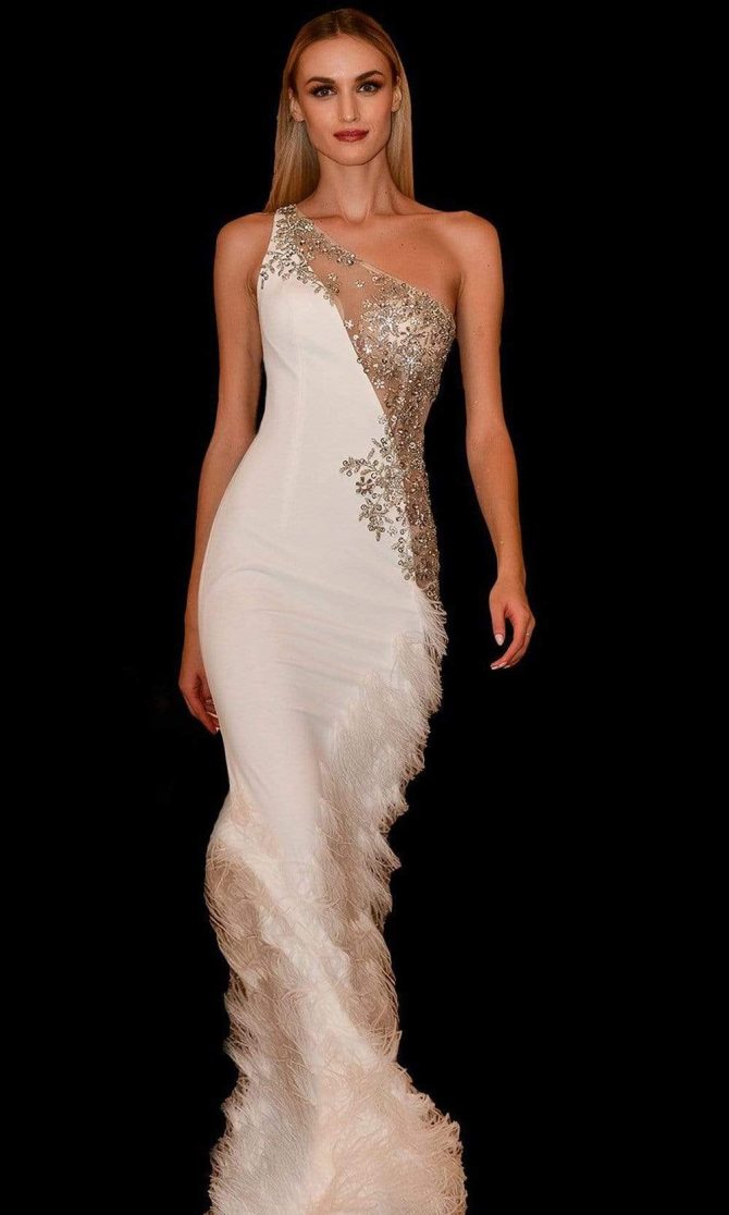 03389 Asymmetric Beaded Sheer Trumpet Gown