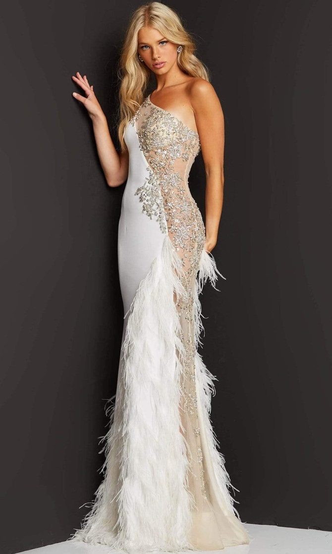 03389 Asymmetric Beaded Sheer Trumpet Gown - Image 4