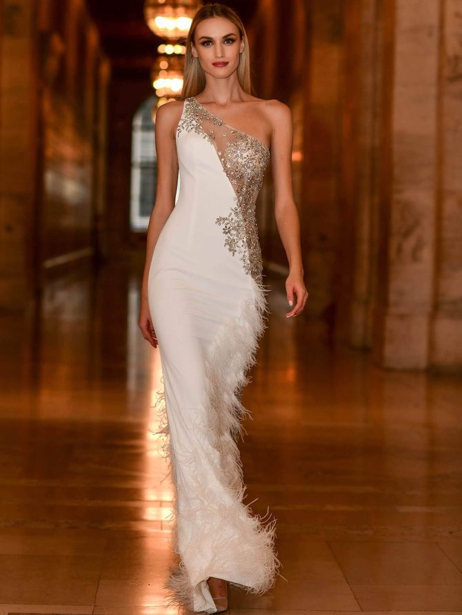 03389 Asymmetric Beaded Sheer Trumpet Gown - Image 3