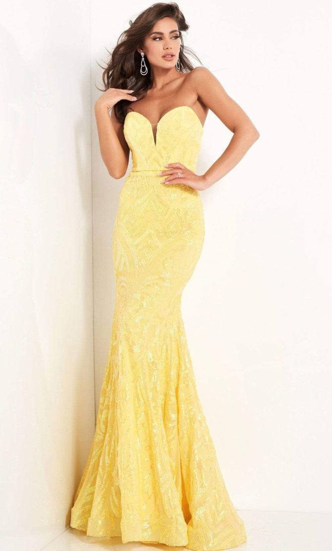 03445 Strapless Plunging Sweetheart Neck Sequin Gown