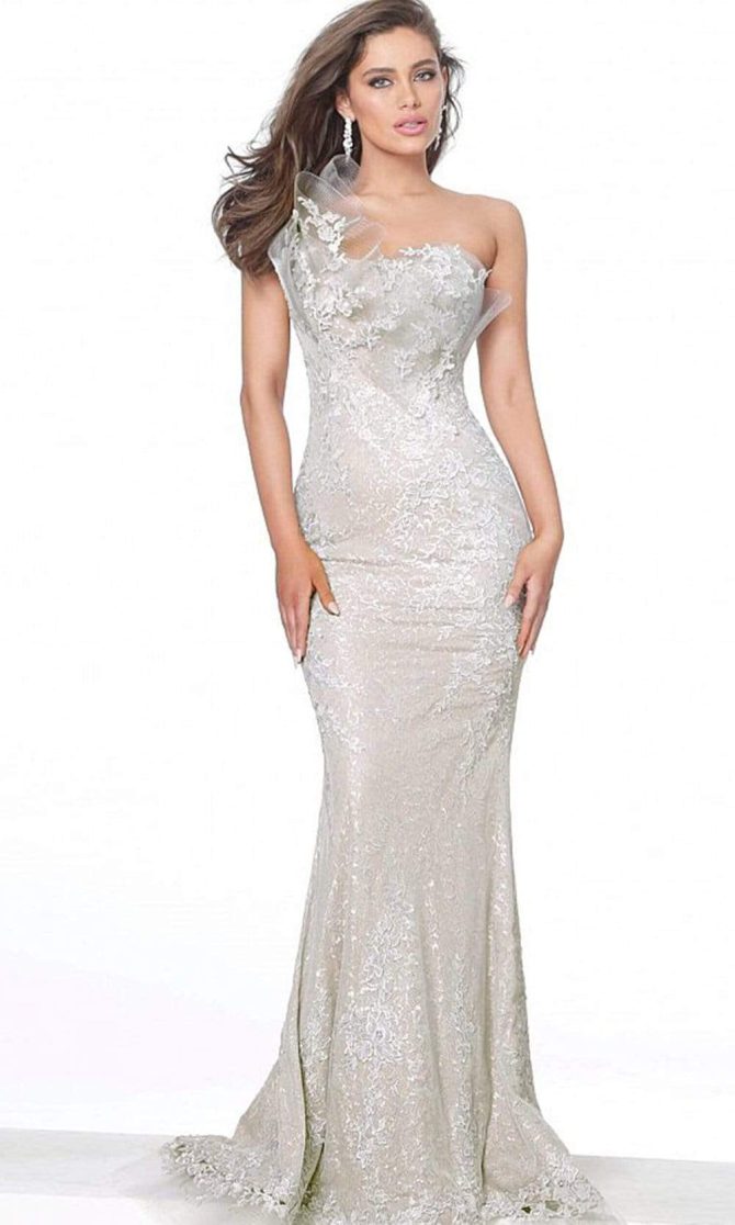 03904 Lace Asymmetric Neck Trumpet Dress