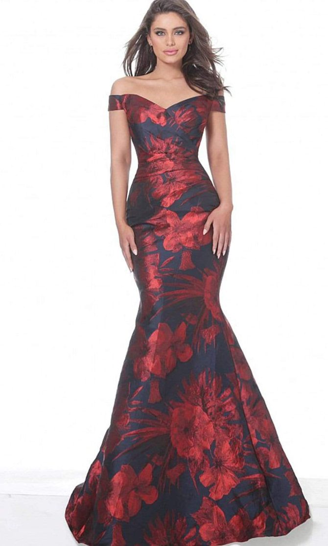 03932 Off Shoulder Floral Satin Mermaid Gown