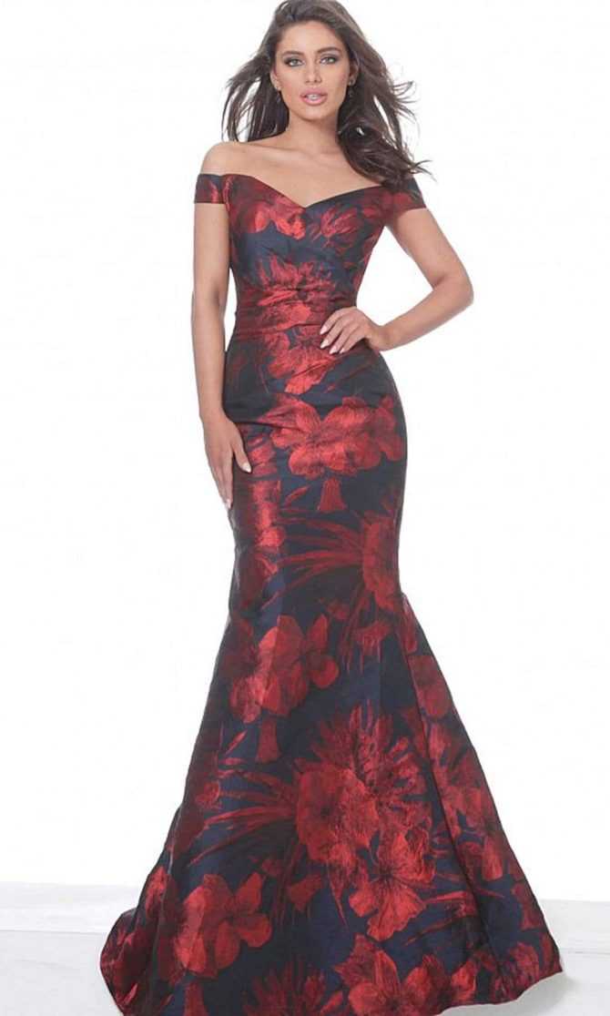 03932 Off Shoulder Floral Satin Mermaid Gown - Image 4