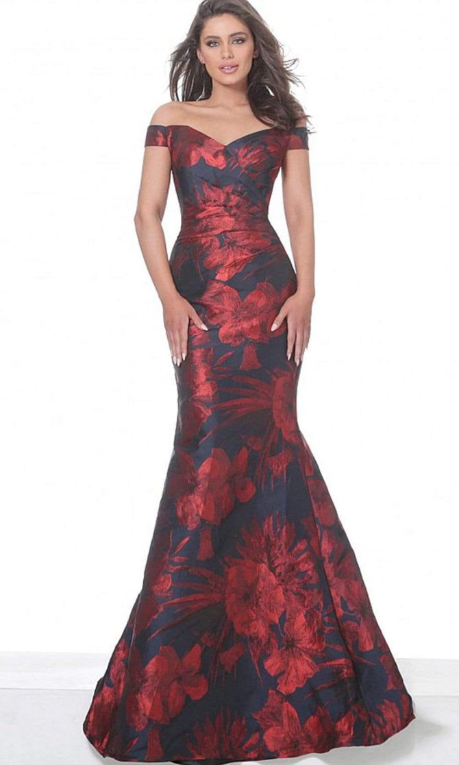 03932 Off Shoulder Floral Satin Mermaid Gown - Image 3