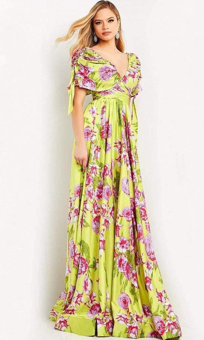 04176 Ruched Sleeve Printed Flowy Dress