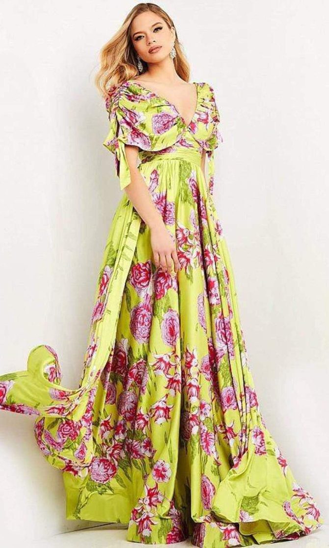 04176 Ruched Sleeve Printed Flowy Dress - Image 2