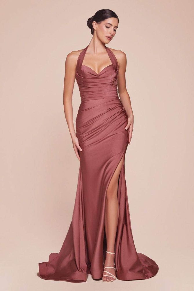 Halter Ruched Bodice Prom Dress - Image 11