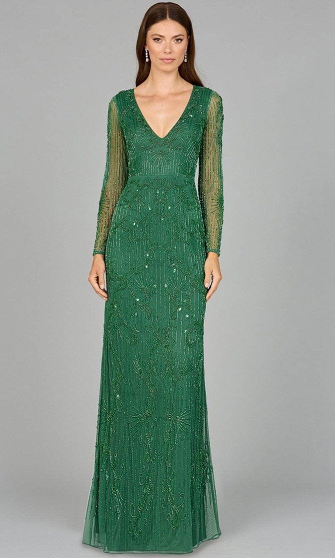 Sheer Sleeve Beaded Evening Dress