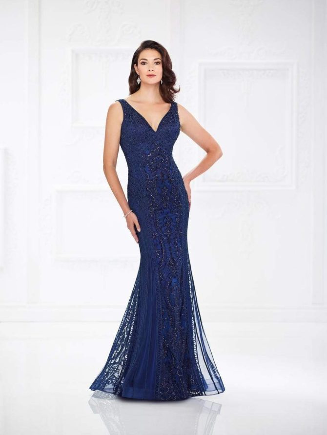 118975W Beaded V-neck Trumpet Dress