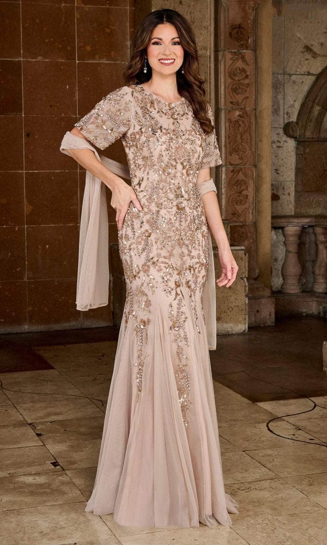 Beaded Jewel Neck Evening Dress