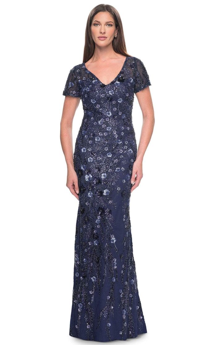 V-Neck Sparkling Floral Embellished Evening Dress